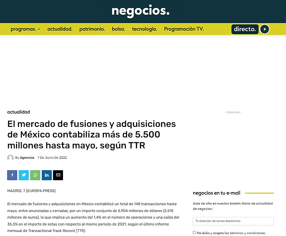 El mercado de fusiones y adquisiciones de Mxico contabiliza ms de 5.500 millones hasta mayo, segn TTR